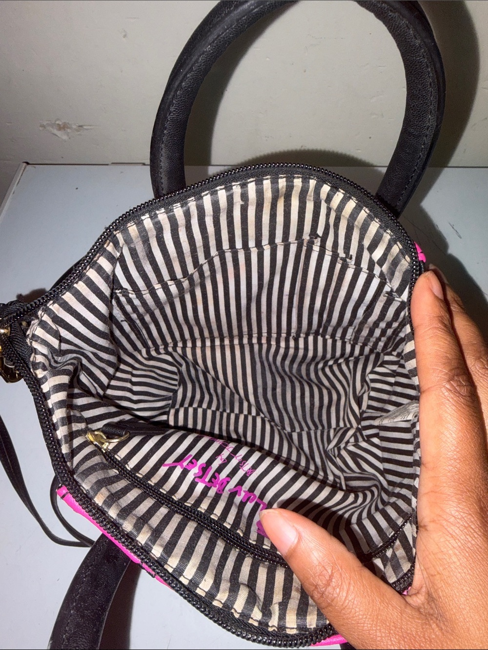Betsy Johnson Pink Quilted Tote with Black & White Stripes - Picture 4 of 5